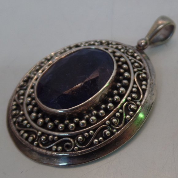 Samuel B Stamped 9.25 Sterling BJC Caviar Detailing Bold Pendant Blue Stone - Picture 2 of 12